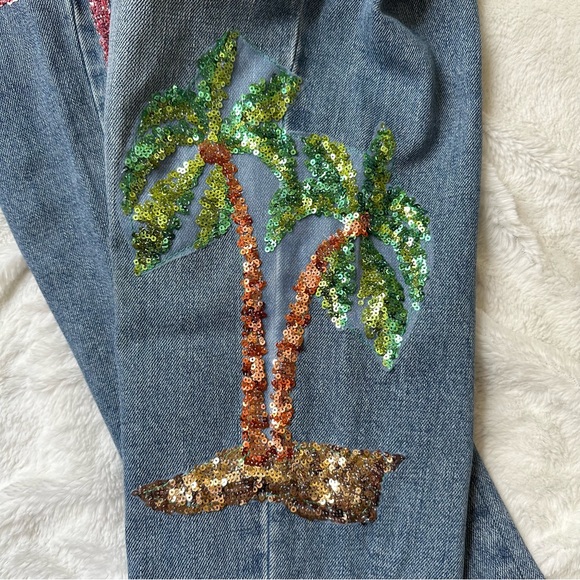 Topshop Flamingo Sequin Moto Mom Jeans Size 30 High Waisted Denim Fun Palm Tree - Picture 10 of 13